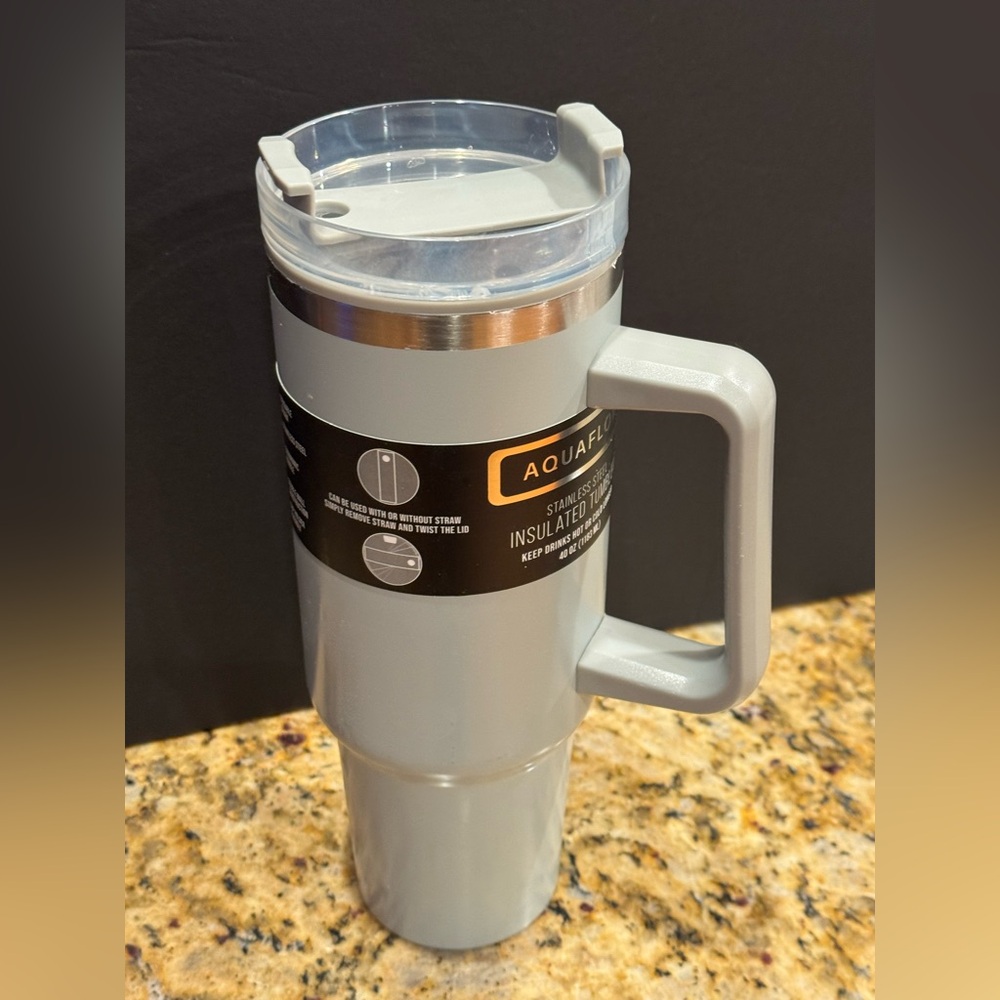 Aquaflow: Gray Insulated Stainless Steel 40 oz Travel Mug Hot/Cold NEW